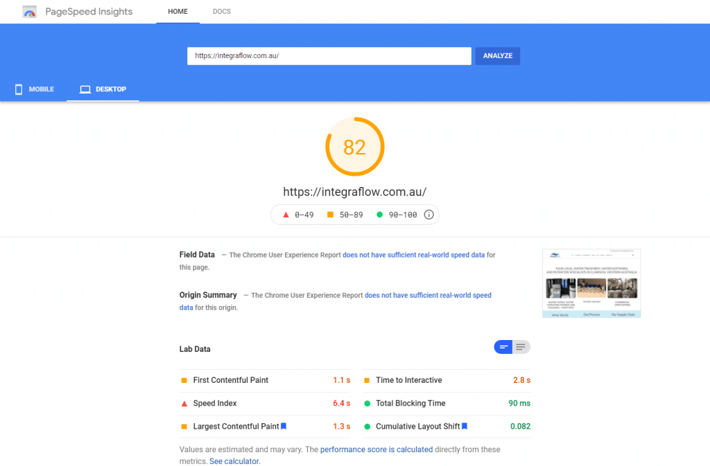 Desktop Score before Web Design and Hosting Litespeed