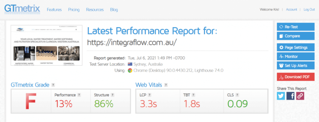 GT Metrix Before Web Design and Hosting litespeed