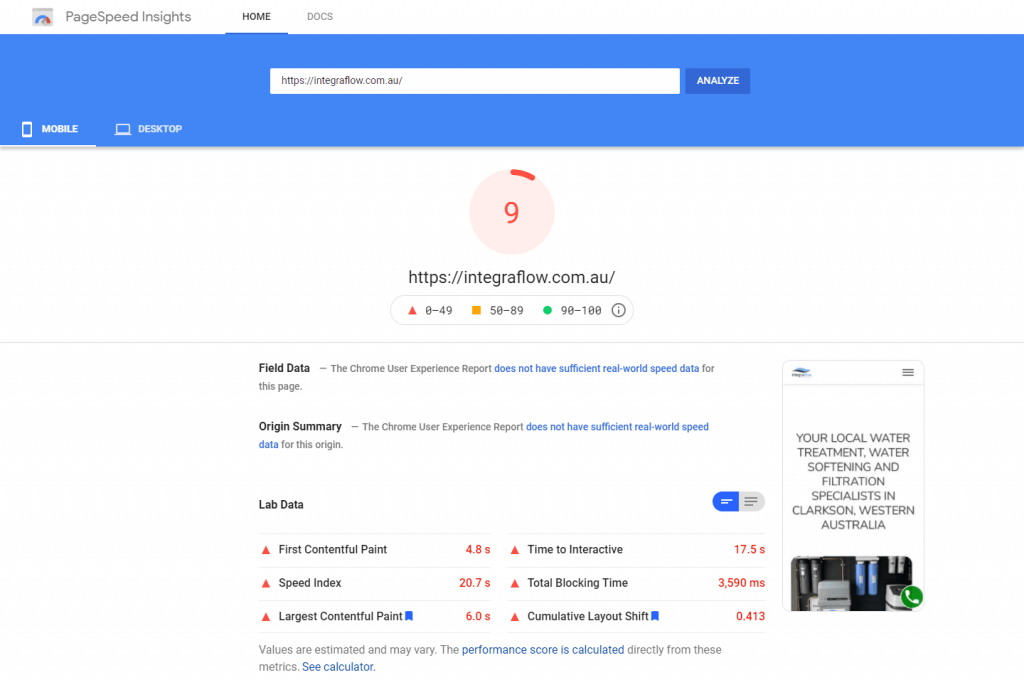 Google Page Speed Insight Report Before Web Design and Hosting litespeed