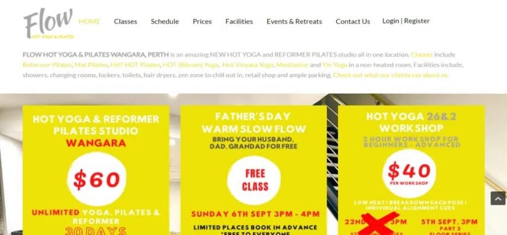 Client Flow Hot Yoga business website design. 